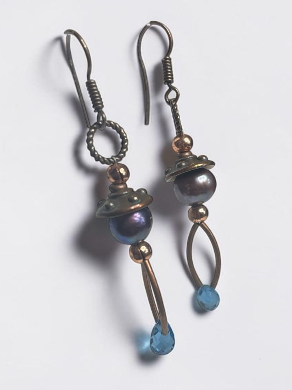 Artisan Copper Black Pearl Blue Briolette Boho Dangle Earrings